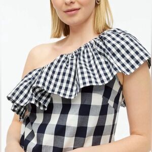 J. Crew White and Navy Gingham Ruffle One Shoulder Blouse